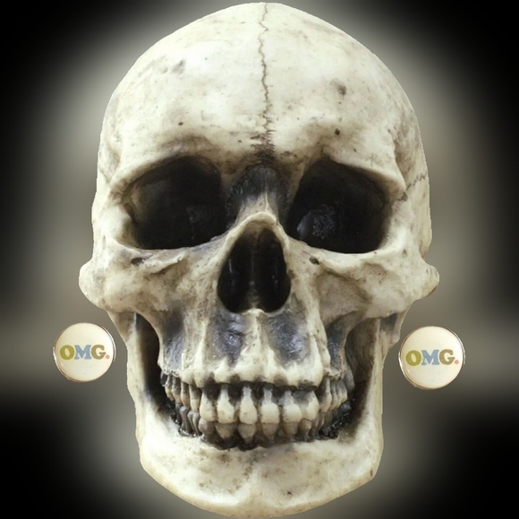 Cream silver snarky acronym OMG graphics Handmade round stud earrings NWT - Picture 3 of 16